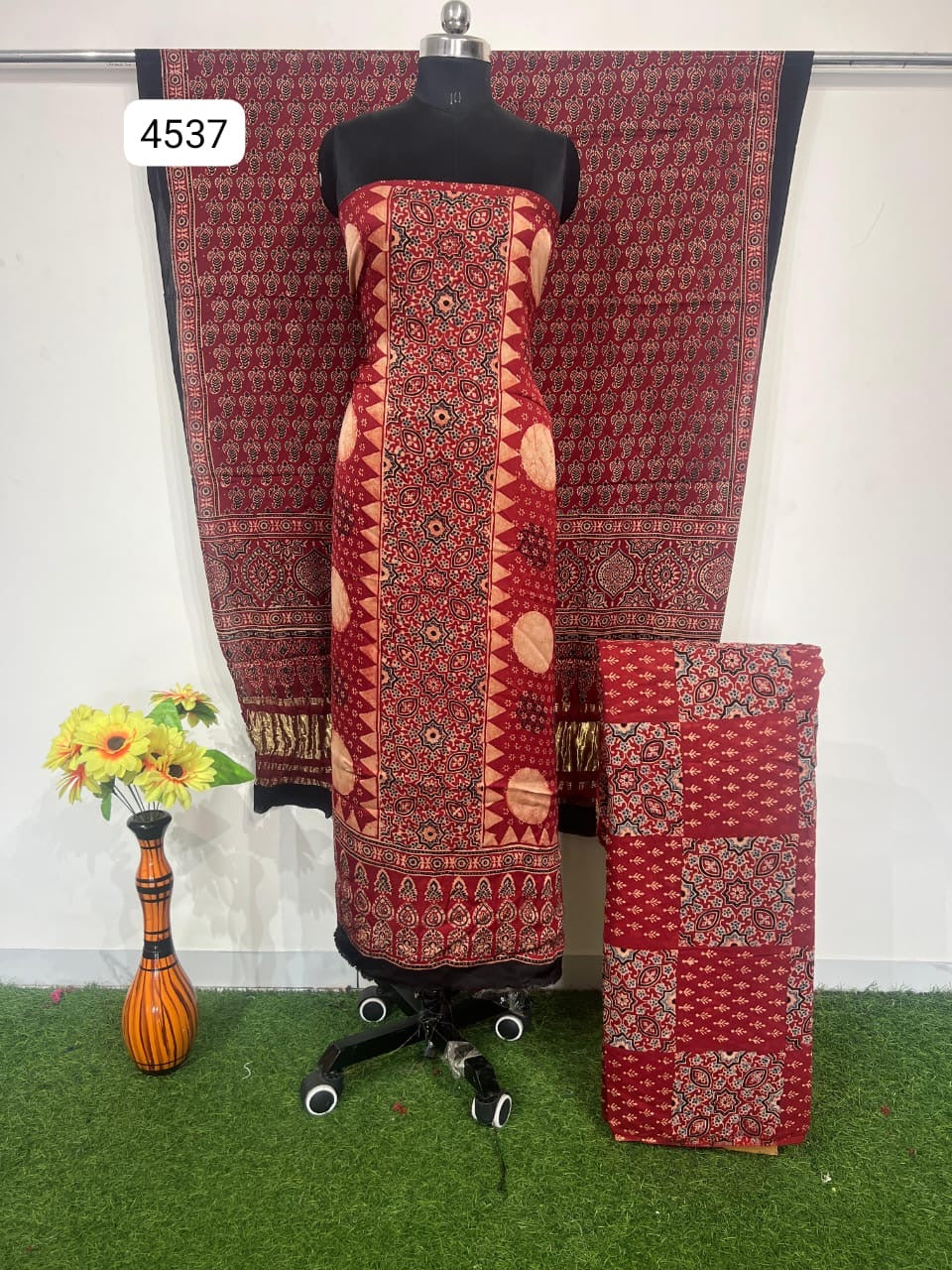 Pure Modal Silk Ajrakh Hand  Block print Nechral Dye 3 Pice Suit