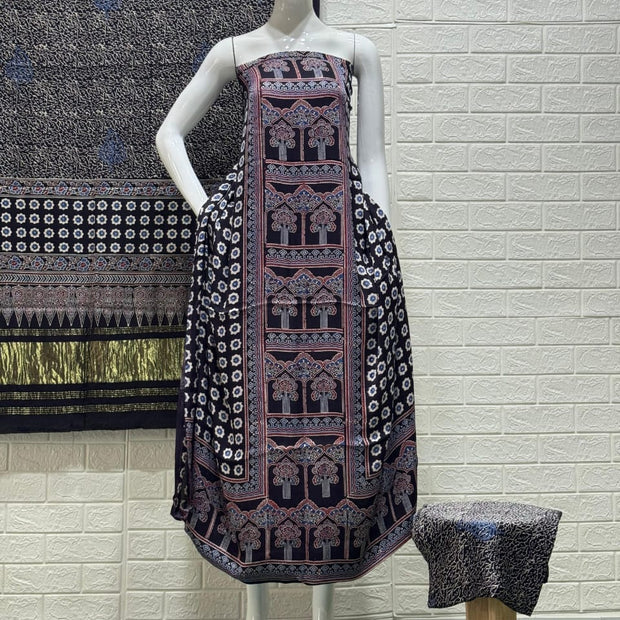 Pure Modal Silk Ajrakh Hand Block Print Nechral Dye 3 Pice Suit