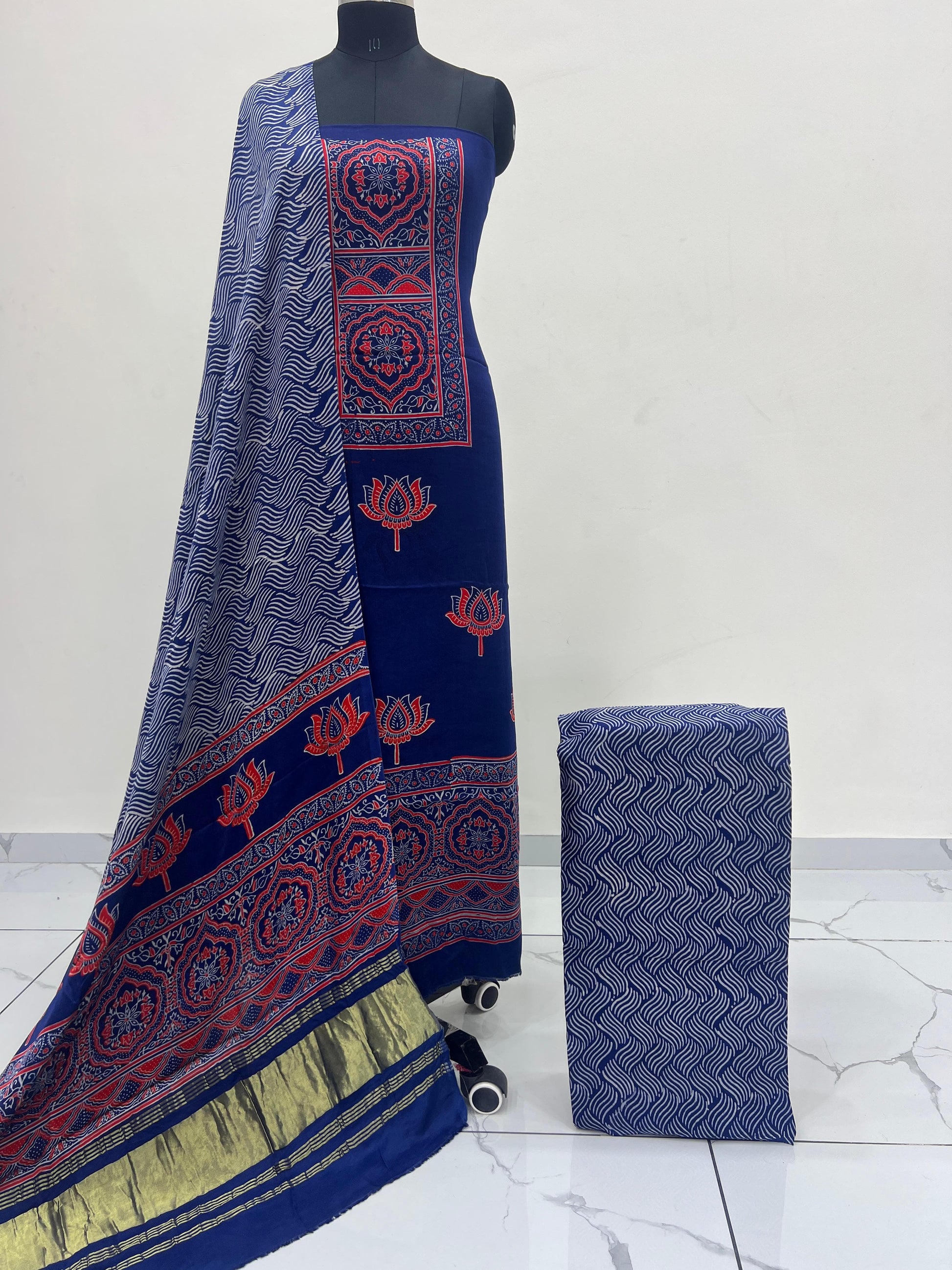 Pure Modal Silk Ajrakh Hand Block Print Neptol Dye 3 Pice Suit