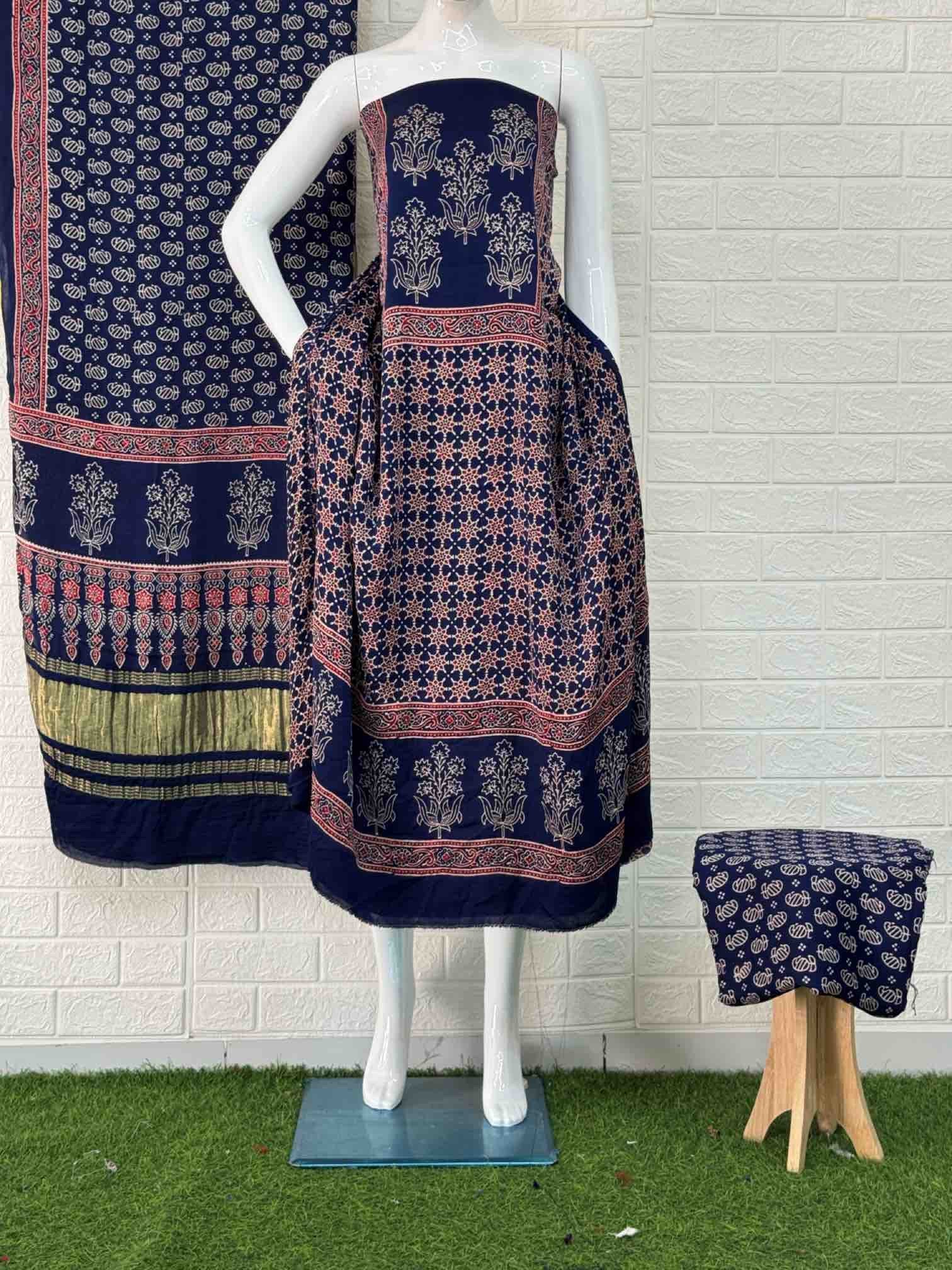 Pure Modal Silk Blu Ajrakh Hand Block Print Neptol Dye 3 Pice Suit