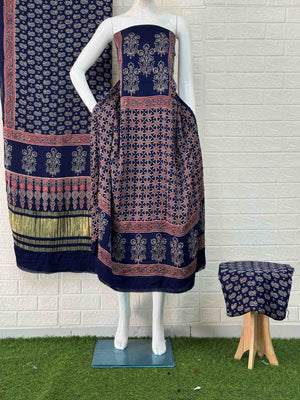 Pure Modal Silk Blu Ajrakh Hand Block Print Neptol Dye 3 Pice Suit