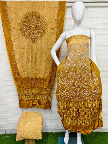 Modal Silk Bandhani Suit Barik Bandhej Naxi Pallu Top