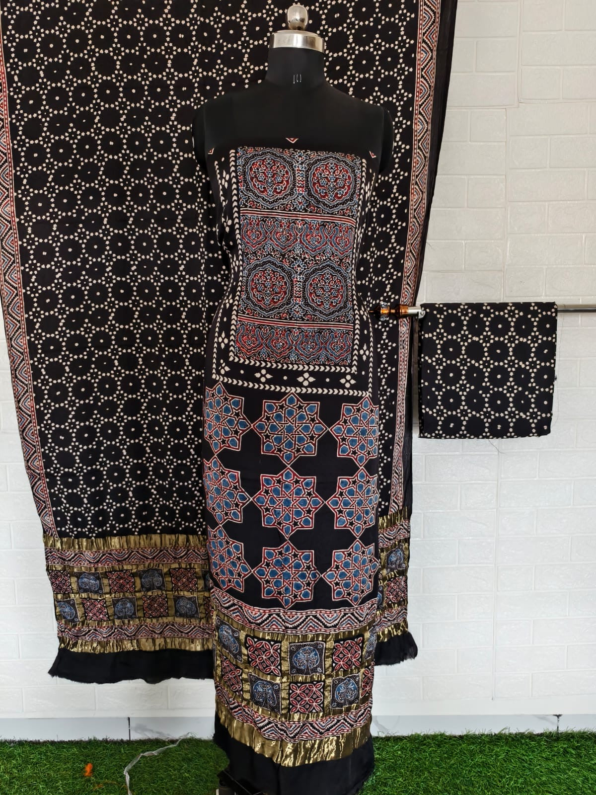 Ajrakh hand block print checks pallu top and dupatta suit