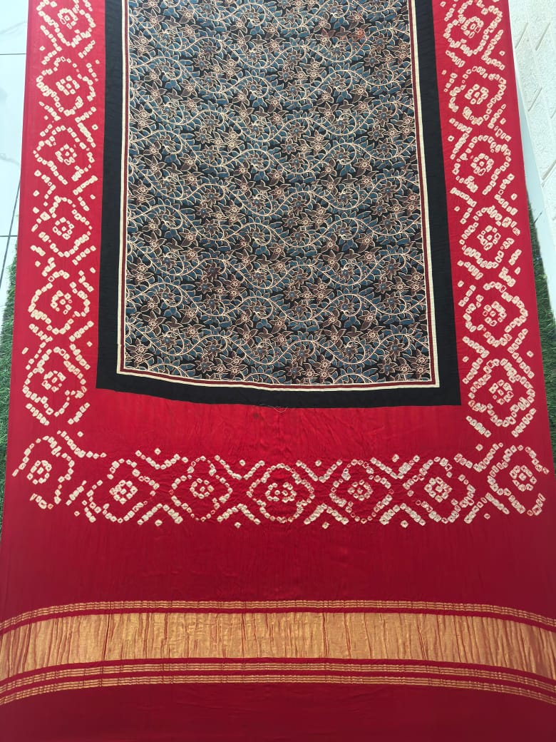 Modal silk ajrakh and bandhani dupatta screen print