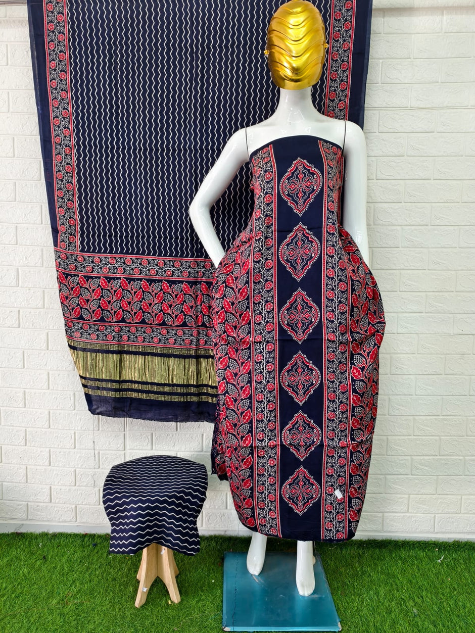 Buy Ajrakh Hand Block Print Modal Silk 3 Piece Suit Online | Ajrakh Design with Zari Dupatta