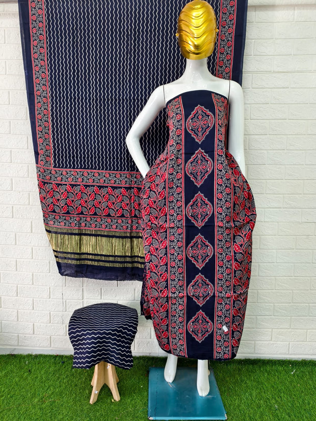 Buy Ajrakh Hand Block Print Modal Silk 3 Piece Suit Online | Ajrakh Design with Zari Dupatta