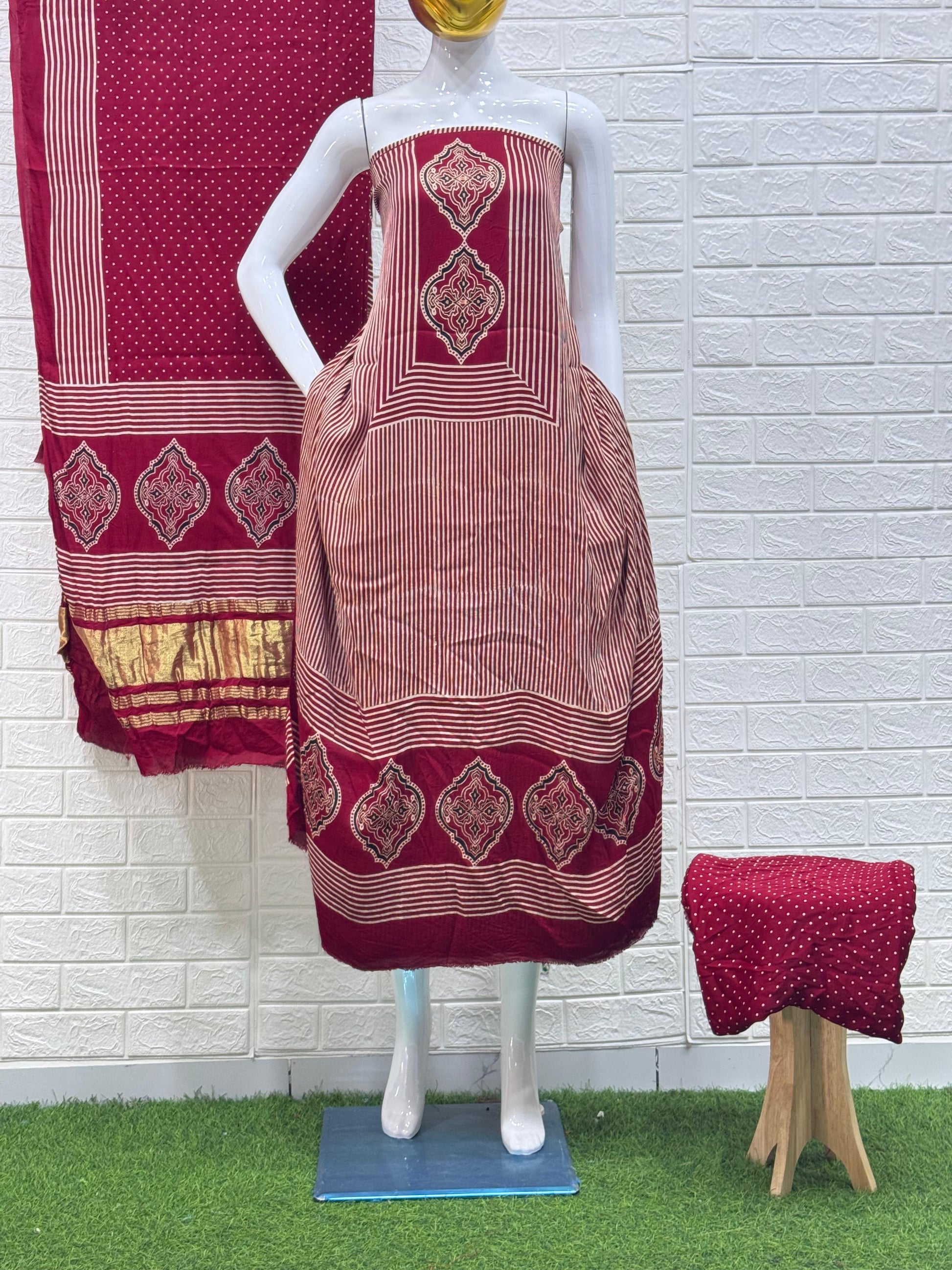 Ajrakh Hand Block Print Neptol Dye 3 Pice Suit