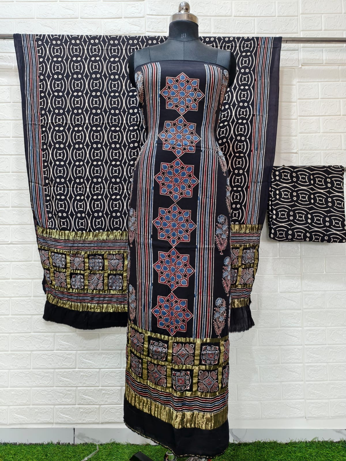 Ajrakh hand block print checks pallu top and dupatta suit