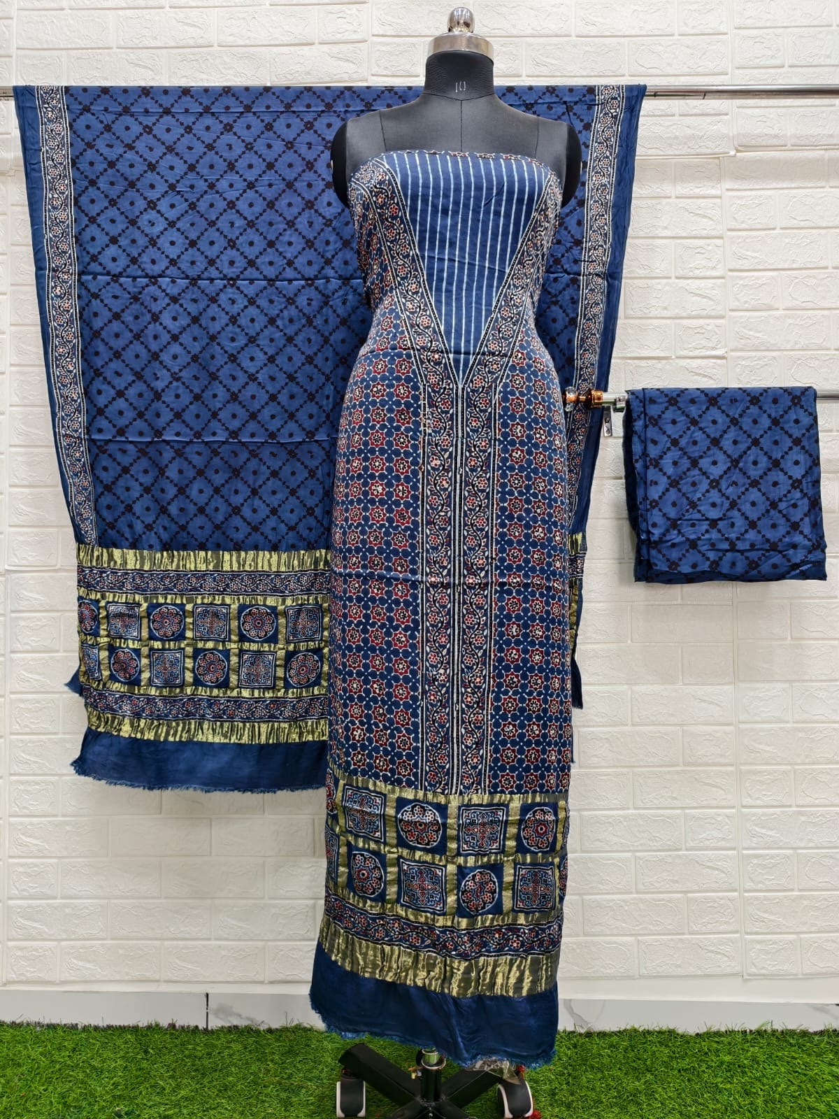 Ajrakh hand block print checks pallu top and dupatta suit
