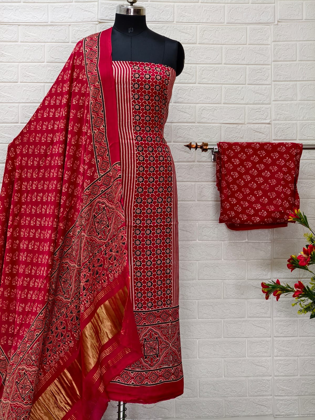 Pure Modal Silk Ajrakh Hand Block Print Neptol Dye 3 Pice Suit