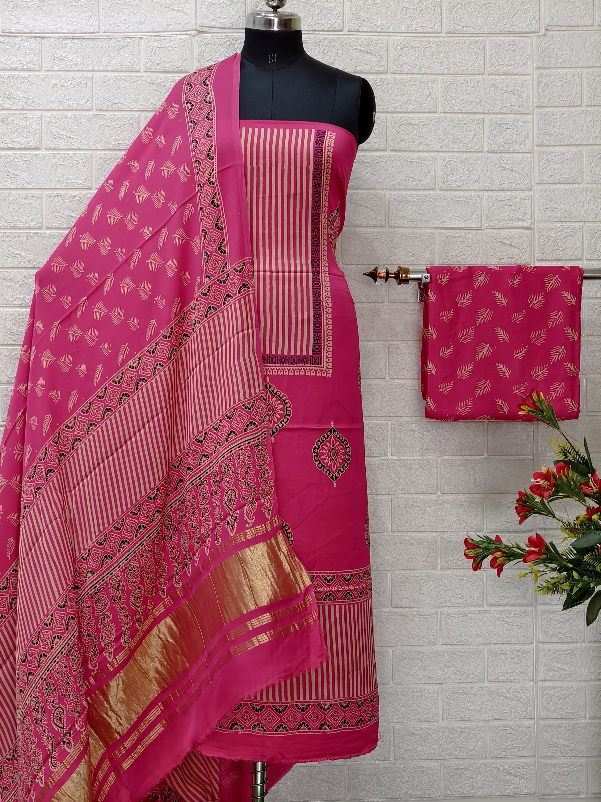 Pure Modal Silk Ajrakh Hand Block Print Neptol Dye 3 Pice Suit