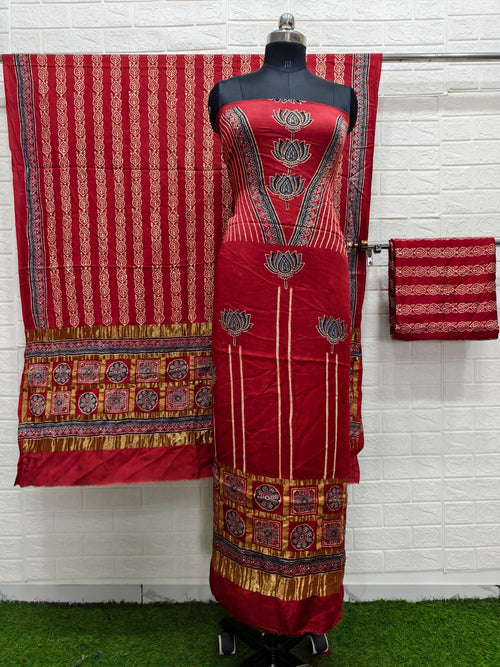 Ajrakh hand block print checks pallu top and dupatta suit
