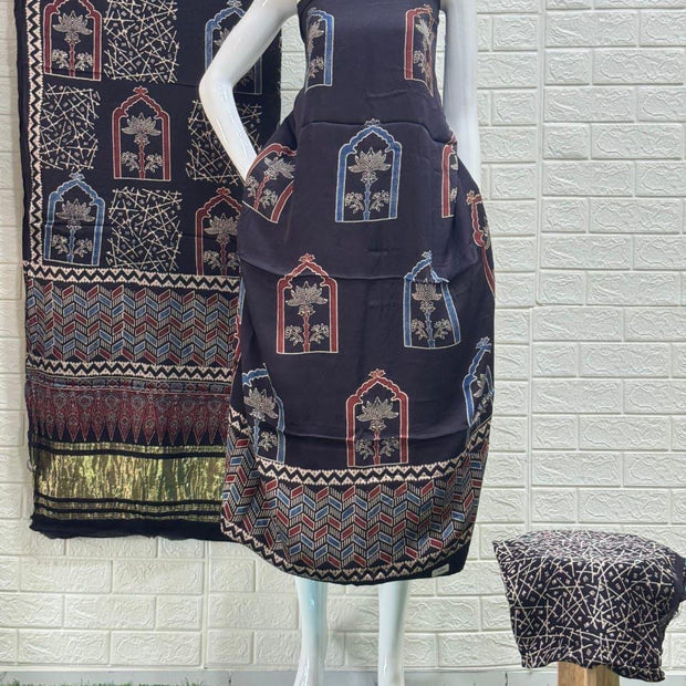 Pure Modal Silk Ajrakh Hand Block Print Nechral Dye 3 Pice Suit