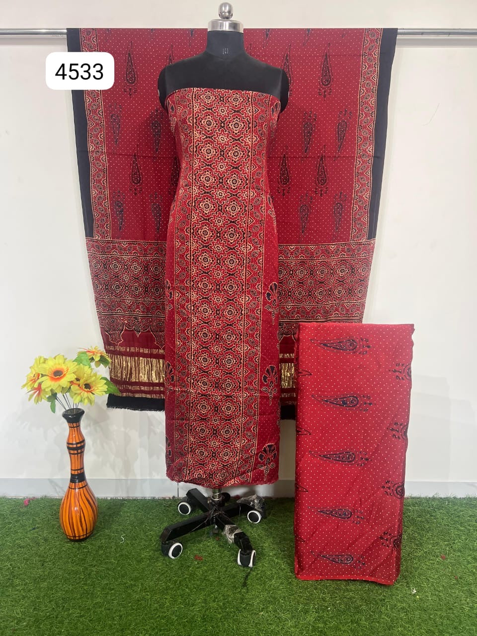 Pure Modal Silk Ajrakh Hand  Block print Nechral Dye 3 Pice Suit