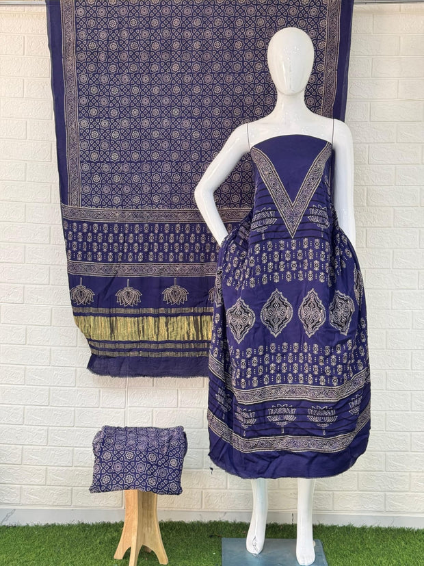Buy Ajrakh Hand Block Print Modal Silk 3 Piece Suit Online | Ajrakh Design with Zari Dupatta