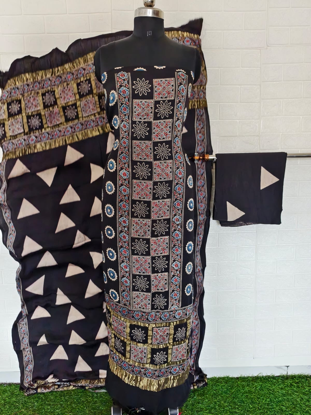 Ajrakh hand block print checks pallu top and dupatta suit