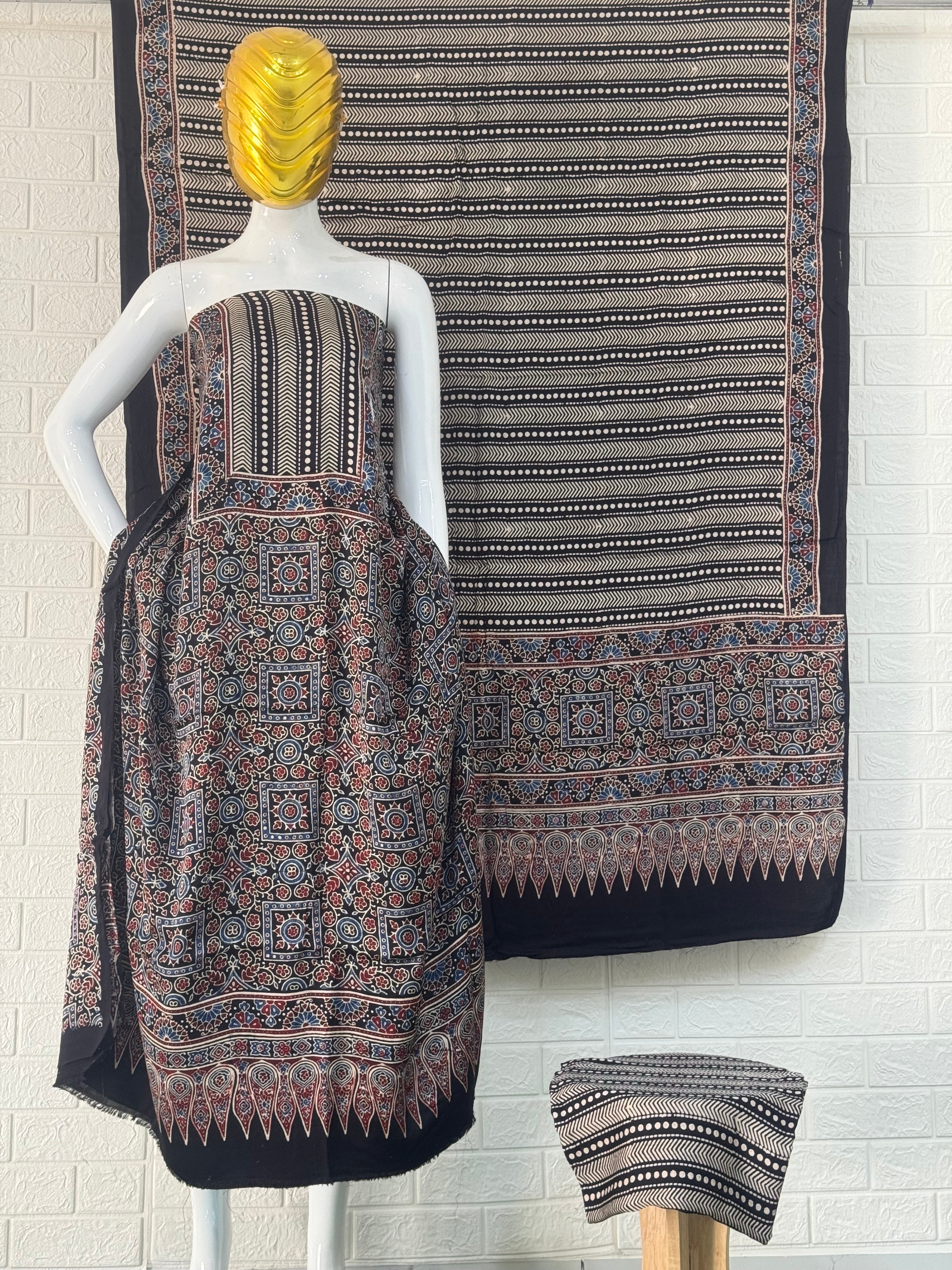 Pure Modal Silk Ajrakh Hand Block Print Nechral Dye 3 Pice Suit without zari pallu