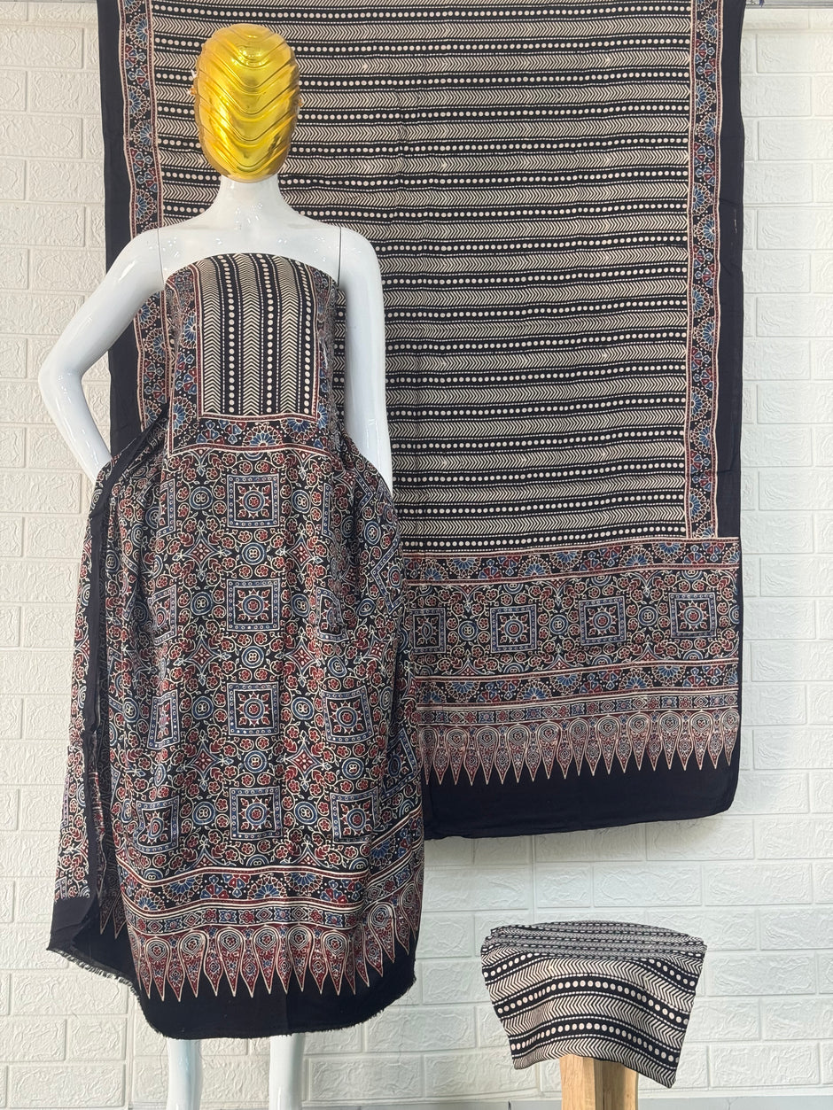 Pure Modal Silk Ajrakh Hand Block Print Nechral Dye 3 Pice Suit without zari pallu