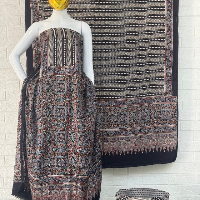 Pure Modal Silk Ajrakh Hand Block Print Nechral Dye 3 Pice Suit without zari pallu