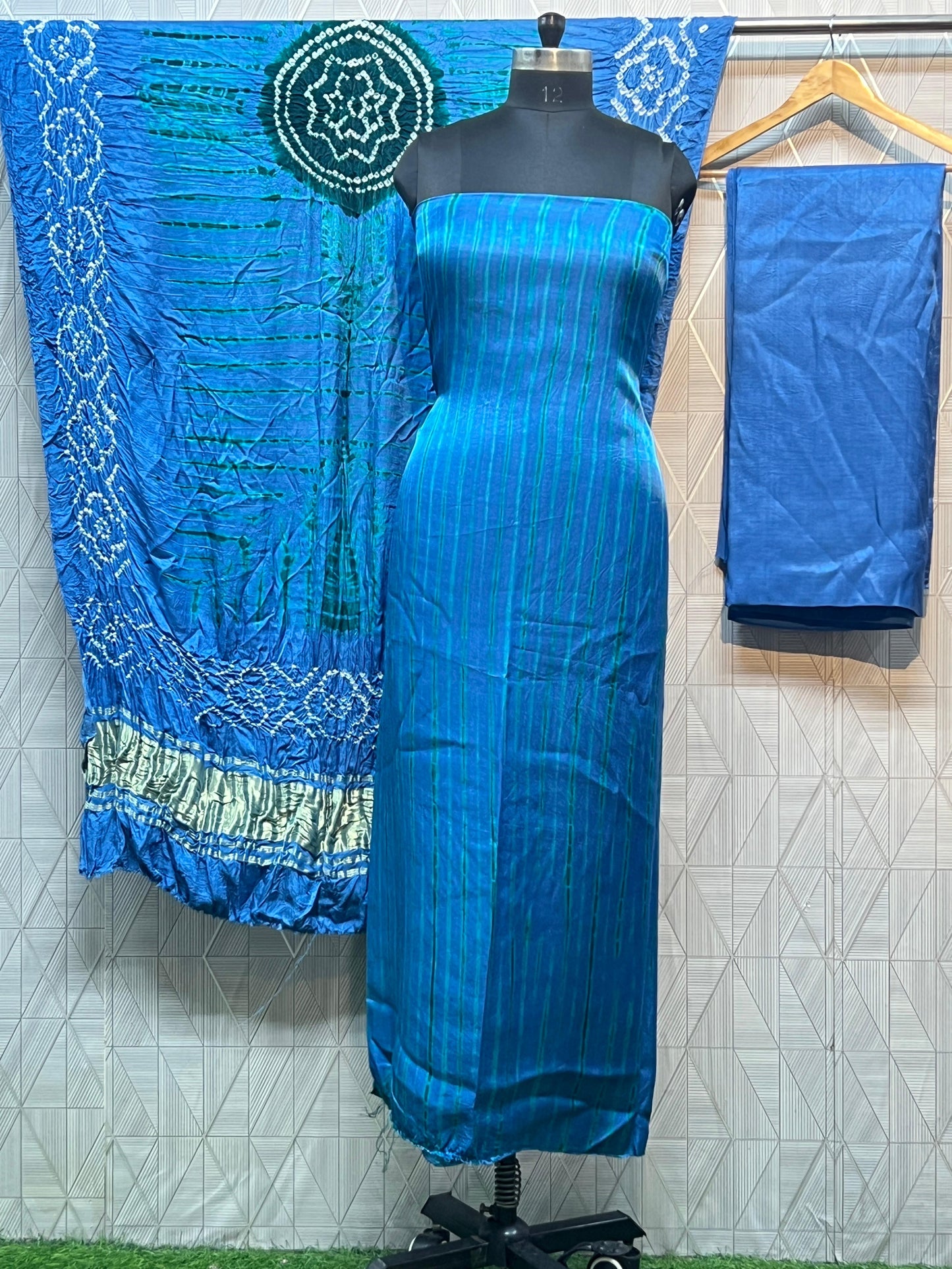 Sky blue & green Modal Silk Tie & Dye Bandhani Dupatta 3 Piece Suits