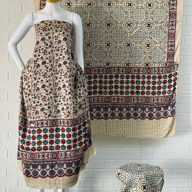 Pure Modal Silk Ajrakh Hand Block Print Nechral Dye 3 Pice Suit without zari pallu