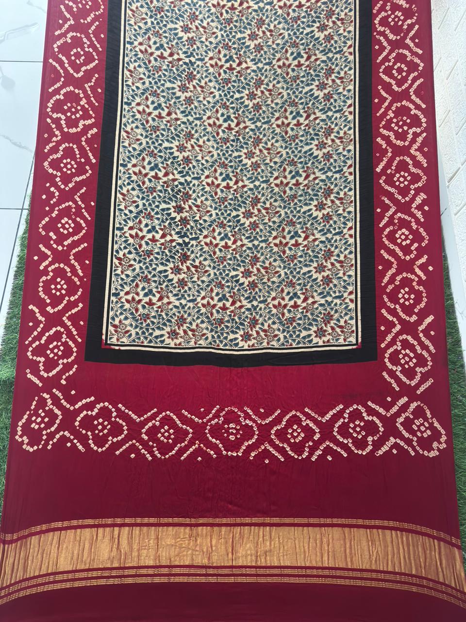 Modal silk ajrakh and bandhani dupatta screen print
