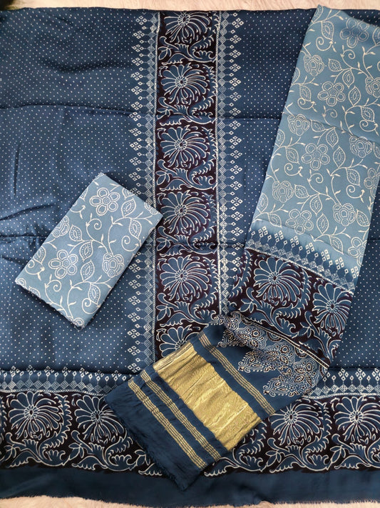 Ajrakh hand block Discharge Print modal silk
