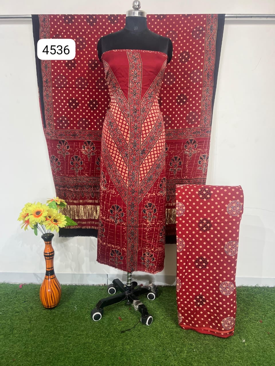 Pure Modal Silk Ajrakh Hand  Block print Nechral Dye 3 Pice Suit