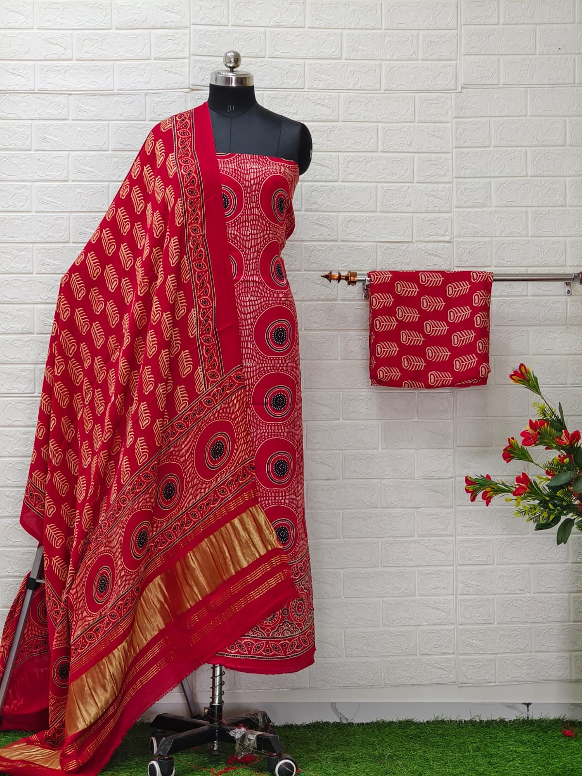 Pure Modal Silk Ajrakh Hand Block Print Neptol Dye 3 Pice Suit