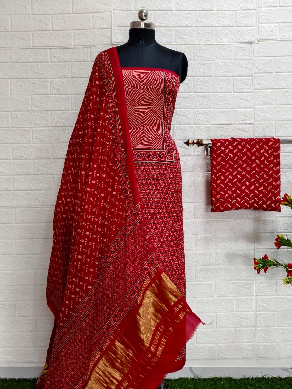 Pure Modal Silk Ajrakh Hand Block Print Neptol Dye 3 Pice Suit