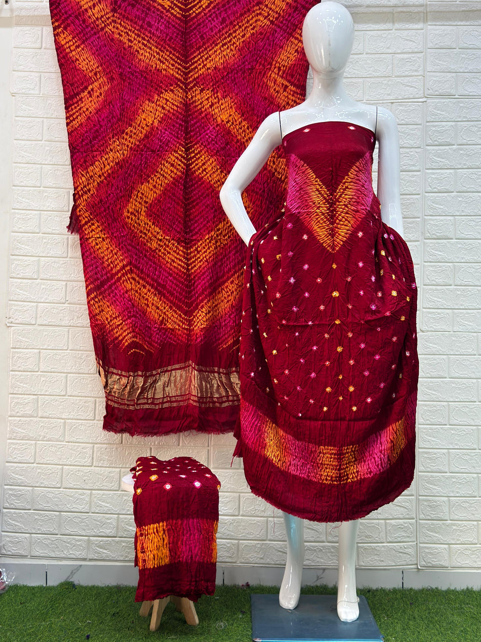 Modal Silk Shibori & bandhani suit Set multi color with neck and daman patta