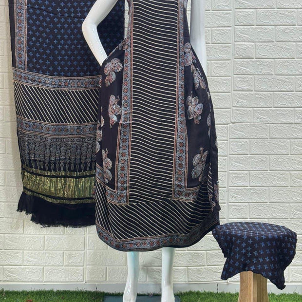 Pure Modal Silk Ajrakh Hand Block Print Nechral Dye 3 Pice Suit