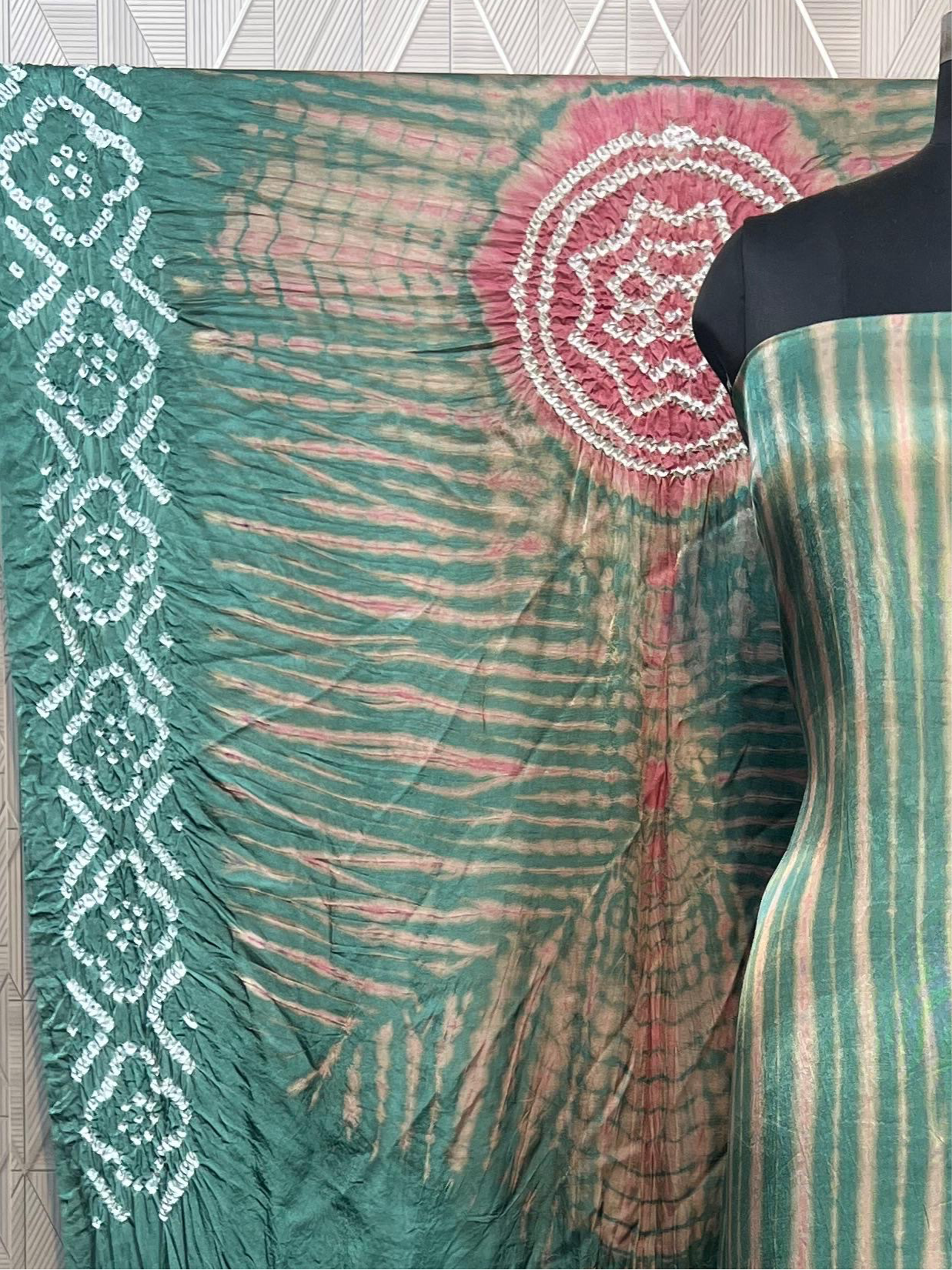 Green & pink Modal Silk Tie & Dye Bandhani Dupatta 3 Piece Suits