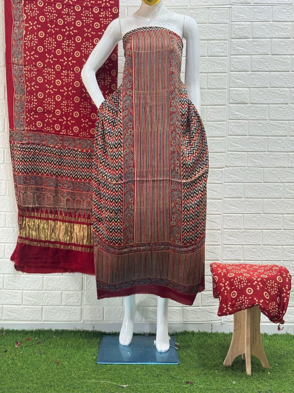Pure Modal Silk Ajrakh Hand  Block print Nechral Dye 3 Pice Suit