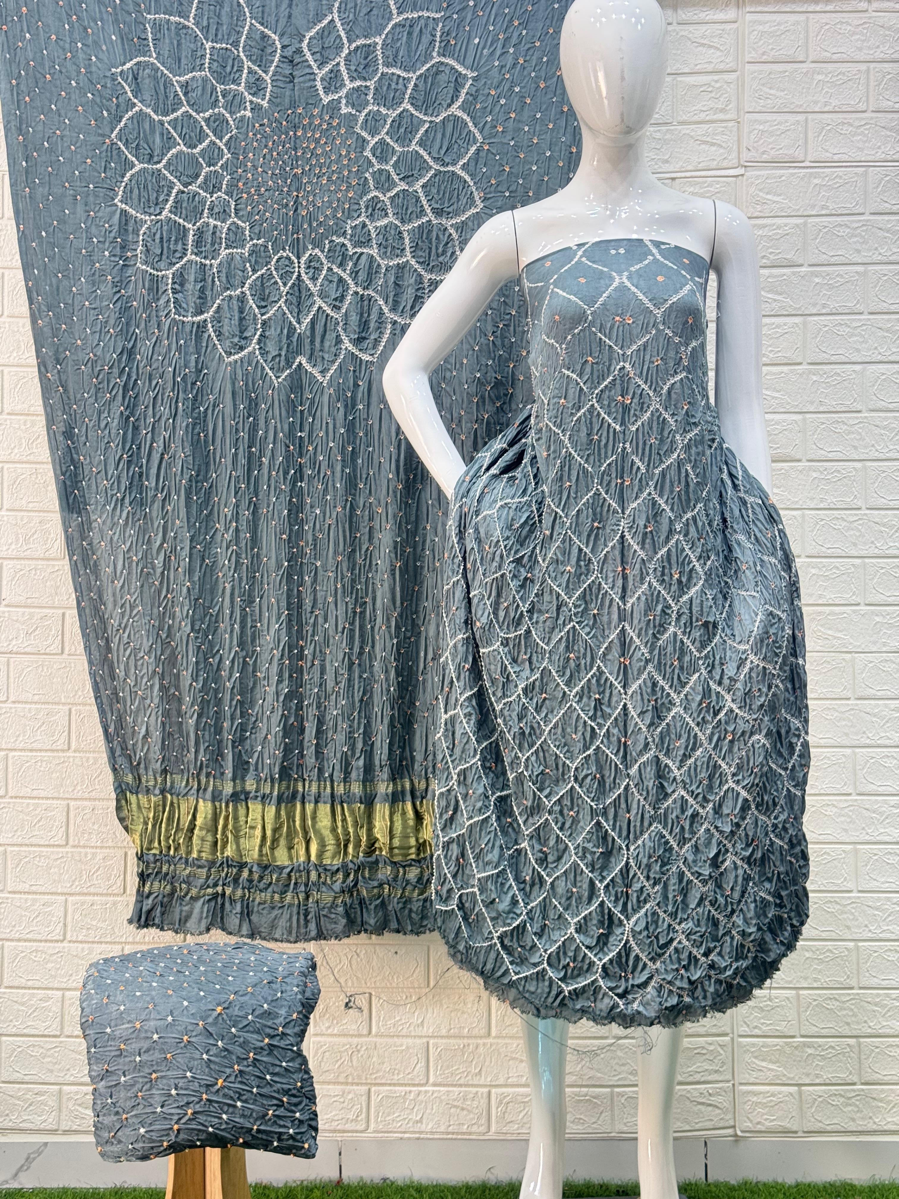 Modal Silk  Bandhani 3-Piece Suit with Zari Pallu Dupatta | Dot Bandhani Bottom