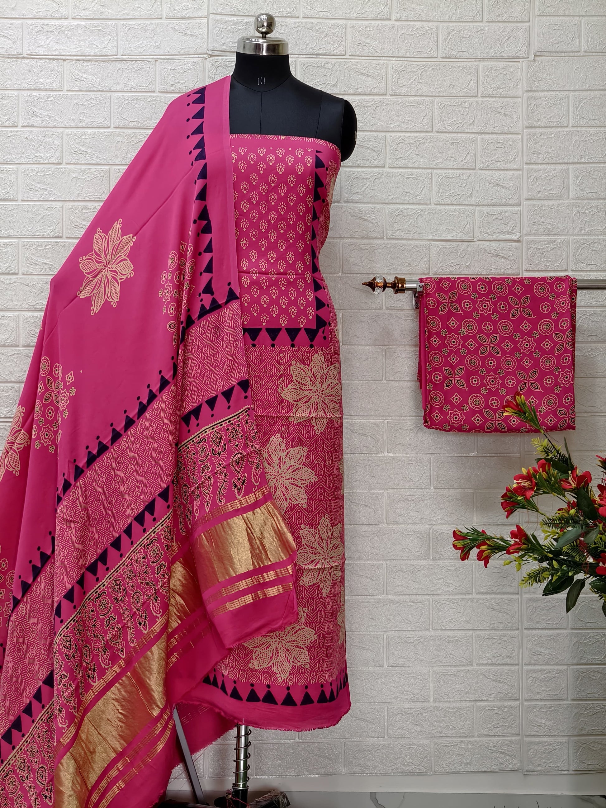 Pure Modal Silk Ajrakh Hand Block Print Neptol Dye 3 Pice Suit