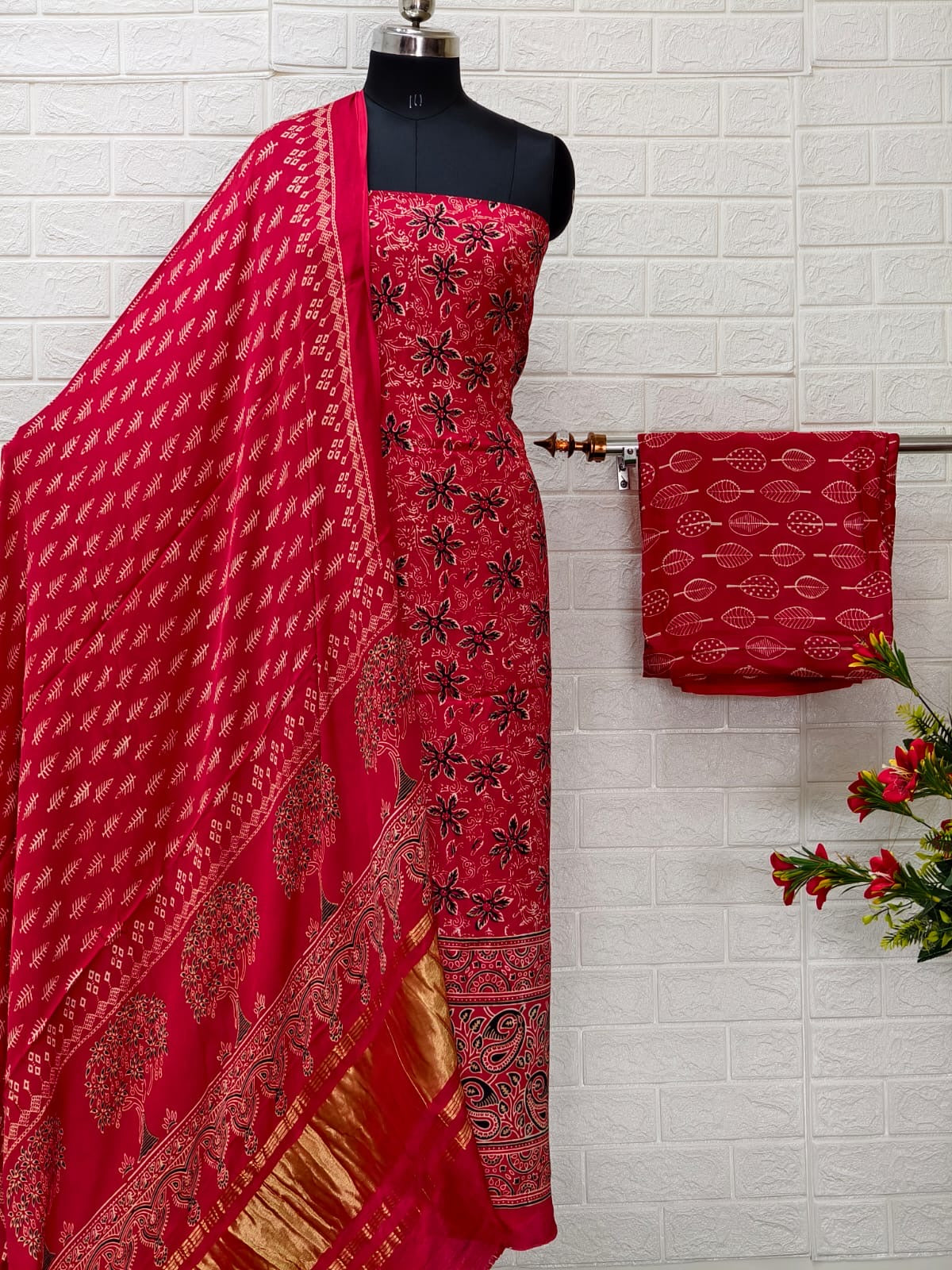 Pure Modal Silk Ajrakh Hand Block Print Neptol Dye 3 Pice Suit