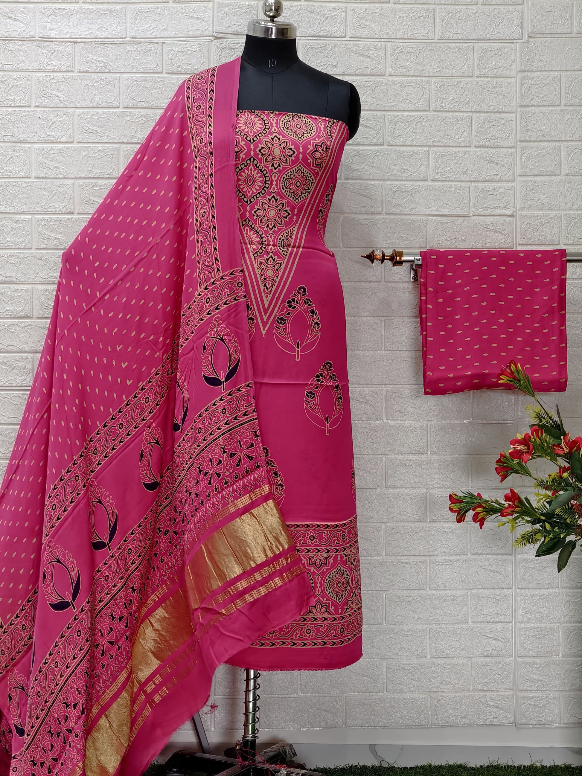 Pure Modal Silk Ajrakh Hand Block Print Neptol Dye 3 Pice Suit