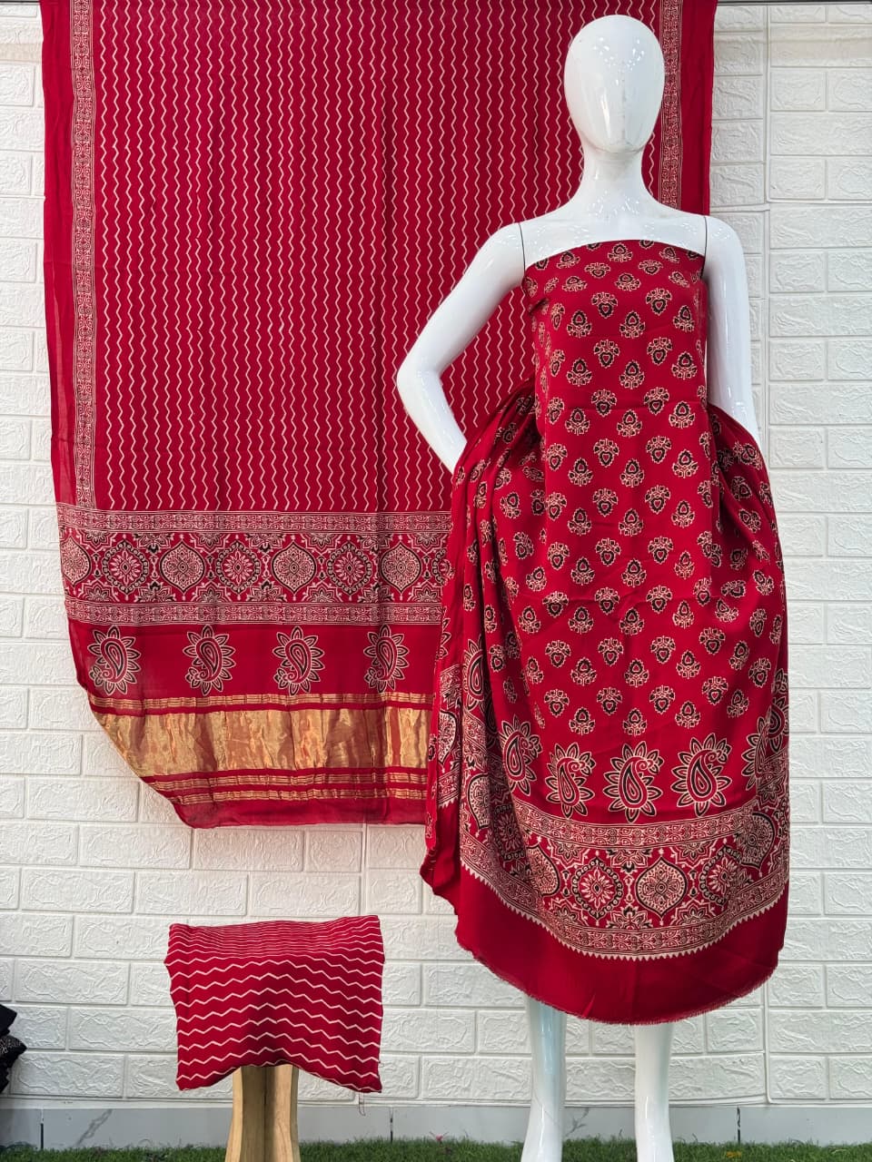 Buy Ajrakh Hand Block Print Modal Silk 3 Piece Suit Online | Ajrakh Design with Zari Dupatta