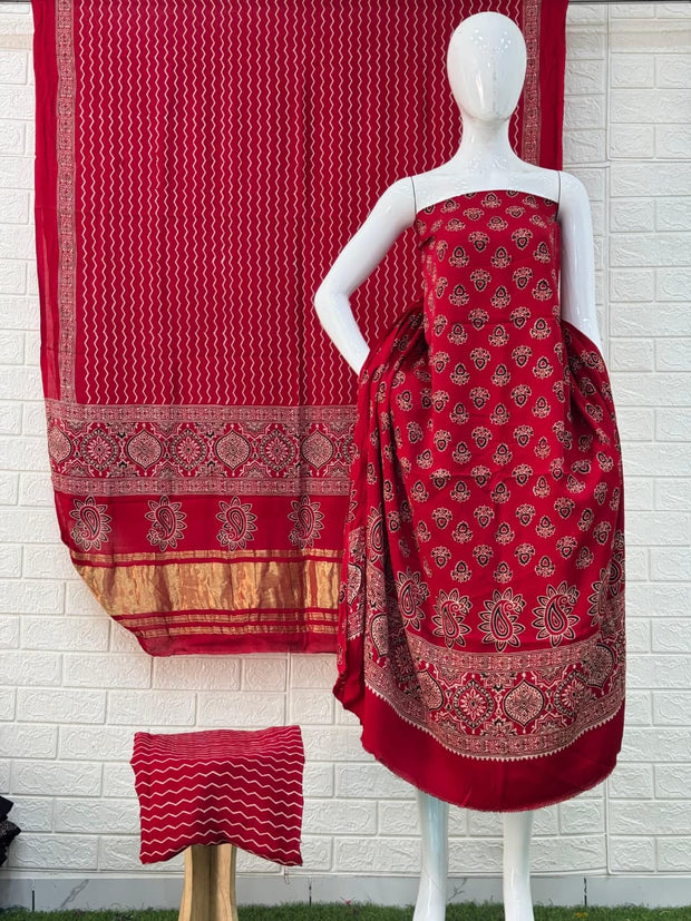 Buy Ajrakh Hand Block Print Modal Silk 3 Piece Suit Online | Ajrakh Design with Zari Dupatta