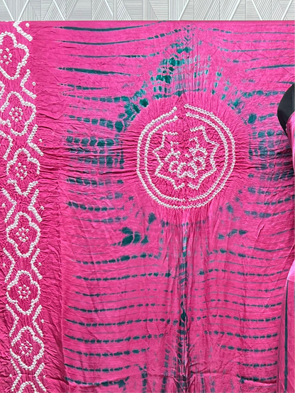 Pink & green Modal Silk Tie & Dye Bandhani Dupatta 3 Piece Suits