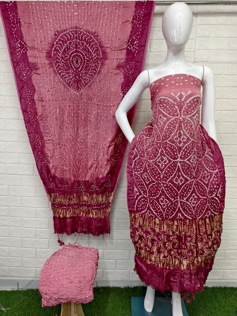 Modal Silk Bandhani Suit Barik Bandhej Naxi Pallu Top