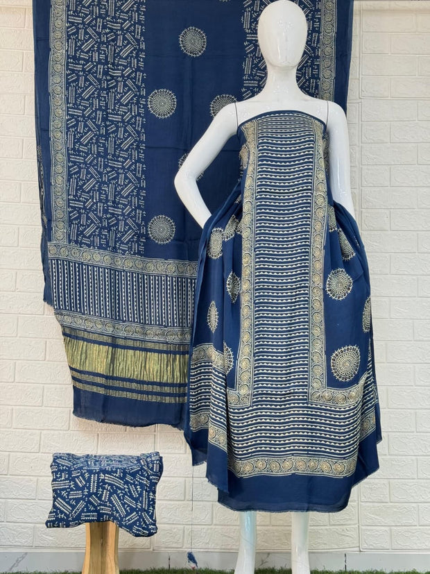 Buy Ajrakh Hand Block Print Modal Silk 3 Piece Suit Online | Ajrakh Design with Zari Dupatta