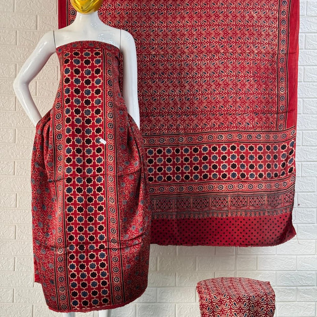 Pure Modal Silk Ajrakh Hand Block Print Nechral Dye 3 Pice Suit without zari pallu