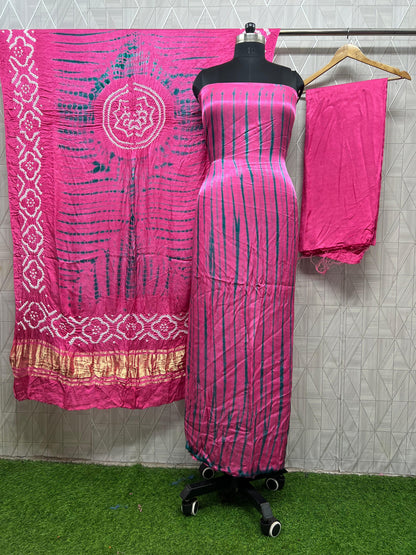 Pink & green Modal Silk Tie & Dye Bandhani Dupatta 3 Piece Suits