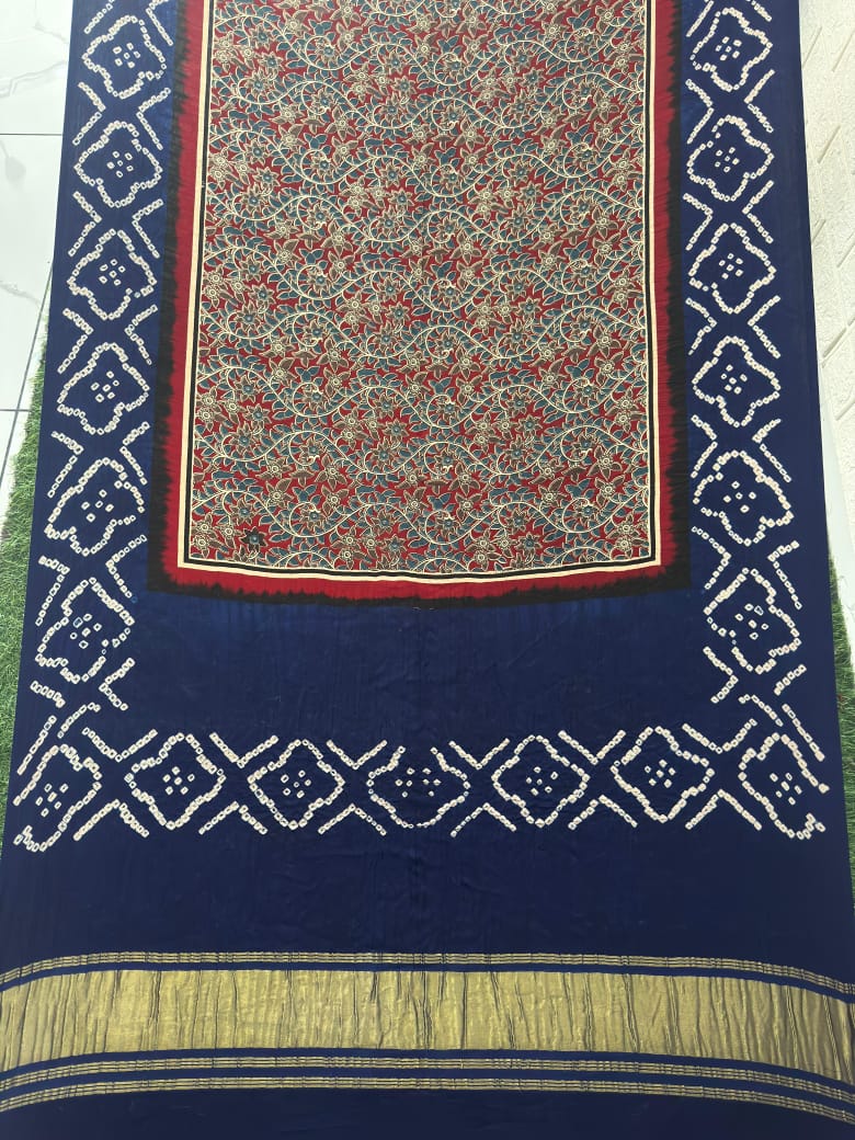 Modal silk ajrakh and bandhani dupatta screen print