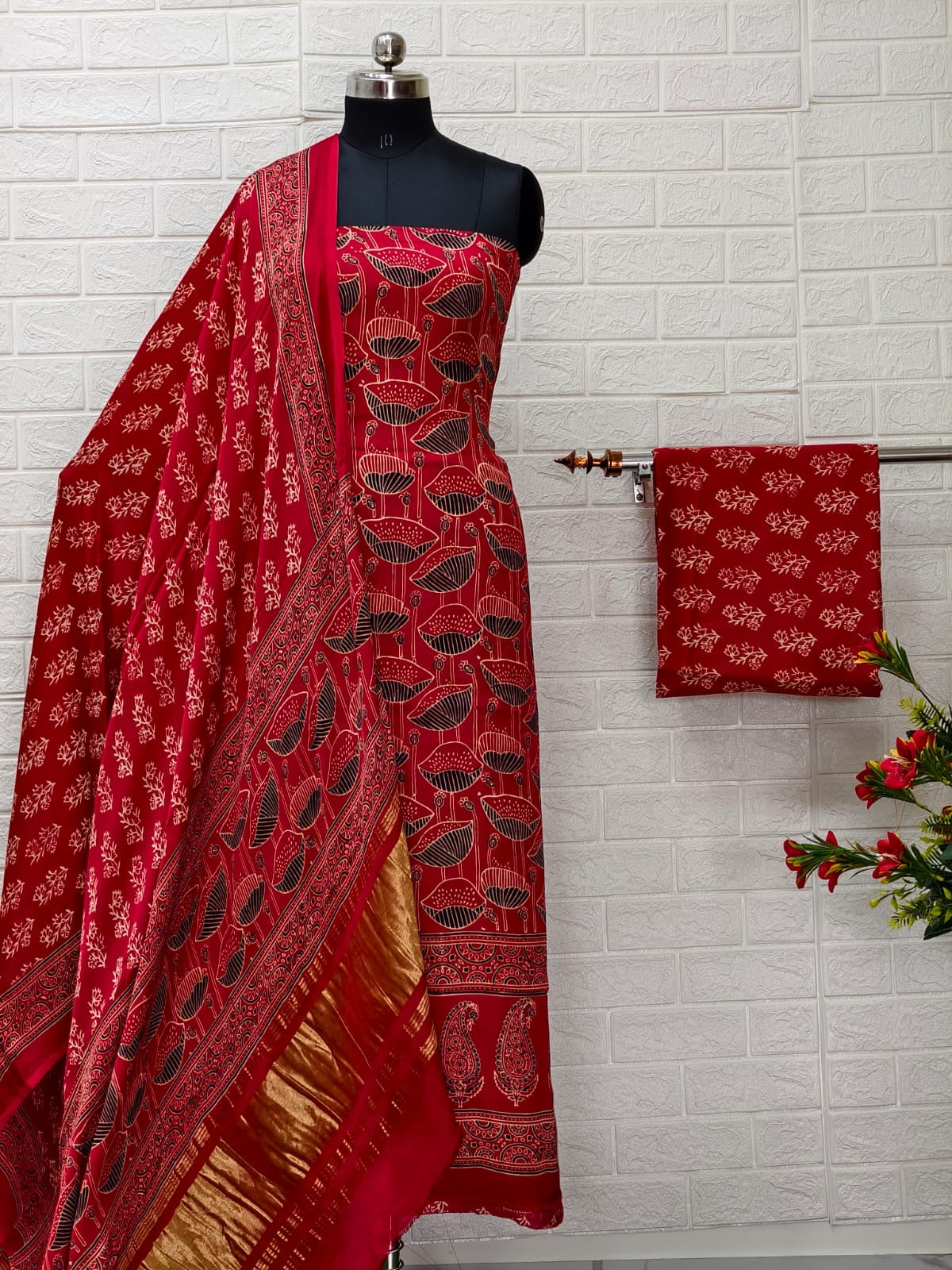 Pure Modal Silk Ajrakh Hand Block Print Neptol Dye 3 Pice Suit