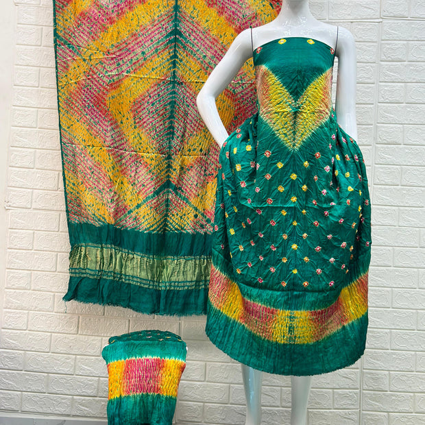 Modal Silk Shibori & bandhani suit Set multi color with neck and daman patta