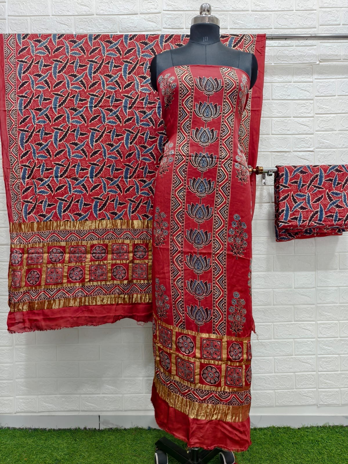 Ajrakh hand block print checks pallu top and dupatta suit
