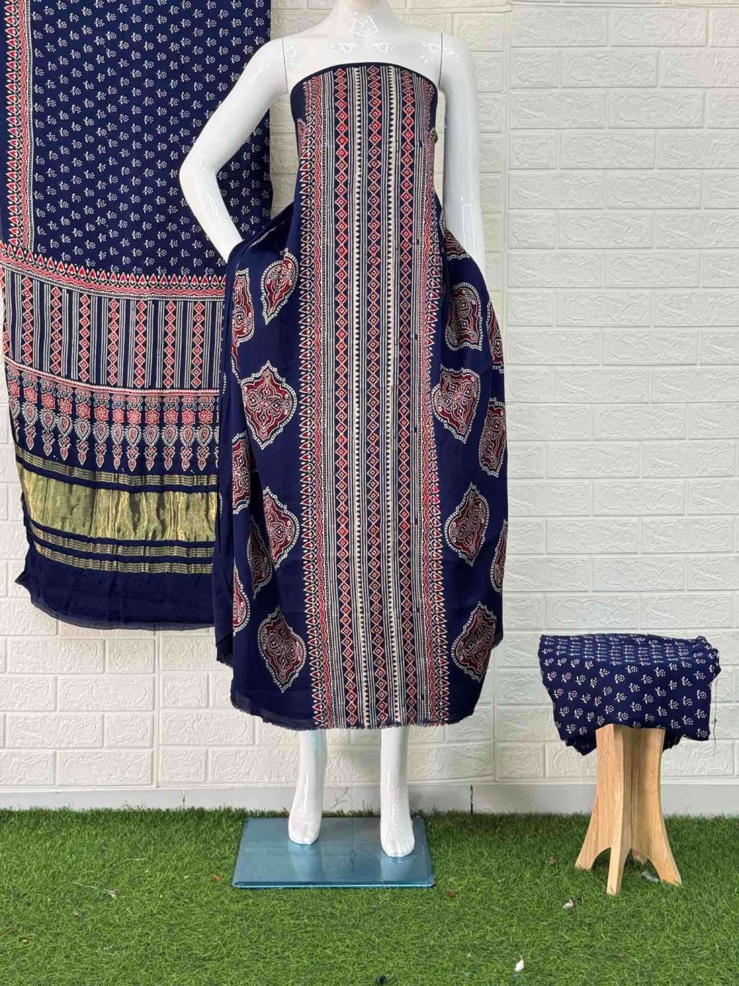 Pure Modal Silk Blu Ajrakh Hand Block Print Neptol Dye 3 Pice Suit